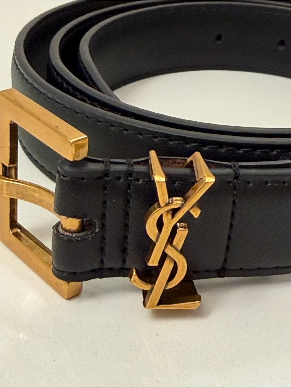 Saint Laurent Paris YSL Black Leather Belt with Gold Buckle